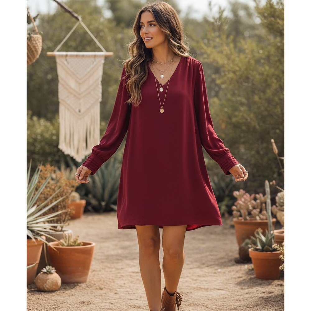 A New Day S Swing Dress Burgundy V Neck Flowy Mini Whimsigoth Boho Cottage Fairy